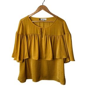 J. Lopez Gold Mustard Yellow Ruffle Textured Short Sleeve Boxy Keyhole Blouse